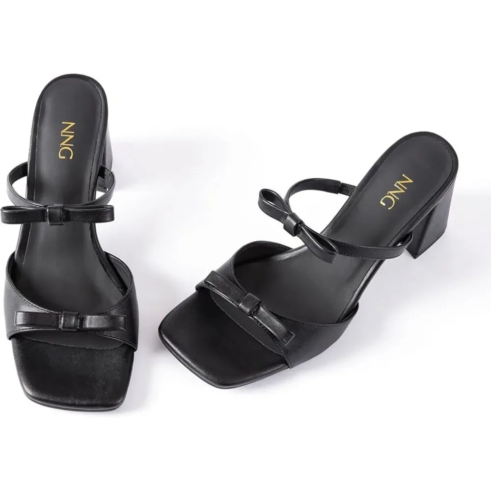 Women's Double Bow Block Heel Sandals Square Toe Cushioned Dressy Wedding Shoes